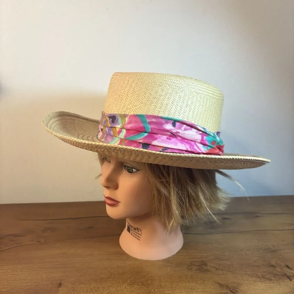 Vintage Straw Fedora Panama Hat Floral Scarf Band Wide Brim Summer Beach